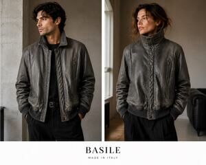 Vintage Basile Italy M Gray Leather Bomber Jacket 90s Designer Moto